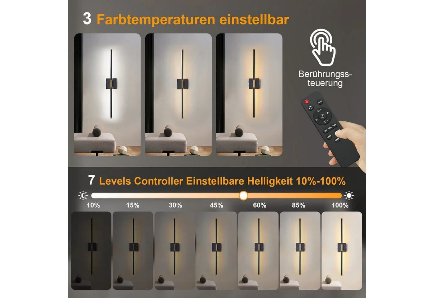 MUPOO LED Wandleuchte Kabellos Dimmbar 3000-6000K Gold/Schwarz