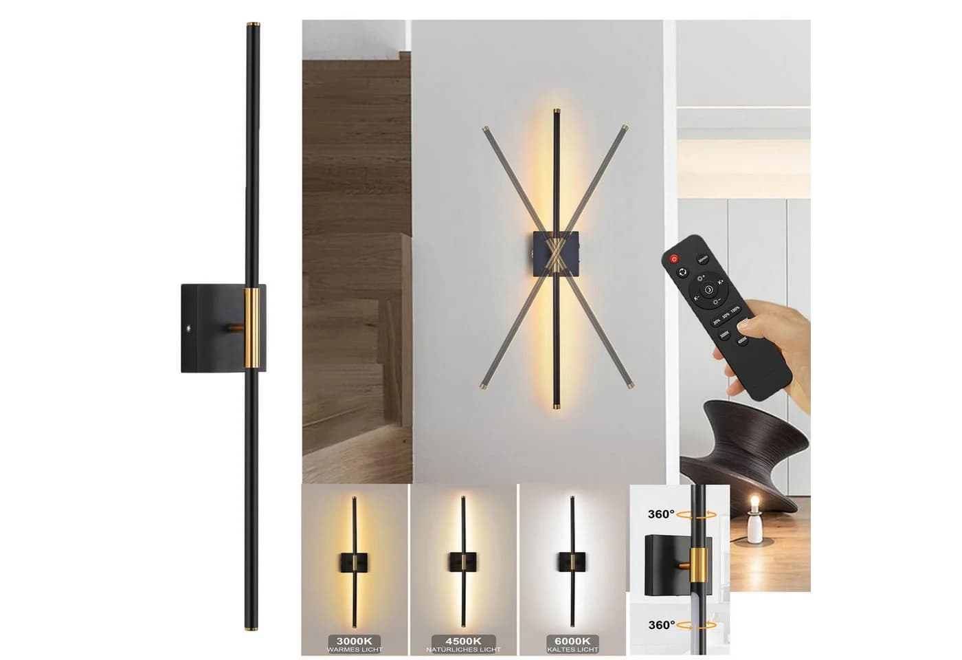MUPOO LED Wandleuchte Kabellos Dimmbar 3000-6000K Gold/Schwarz - Bild 2