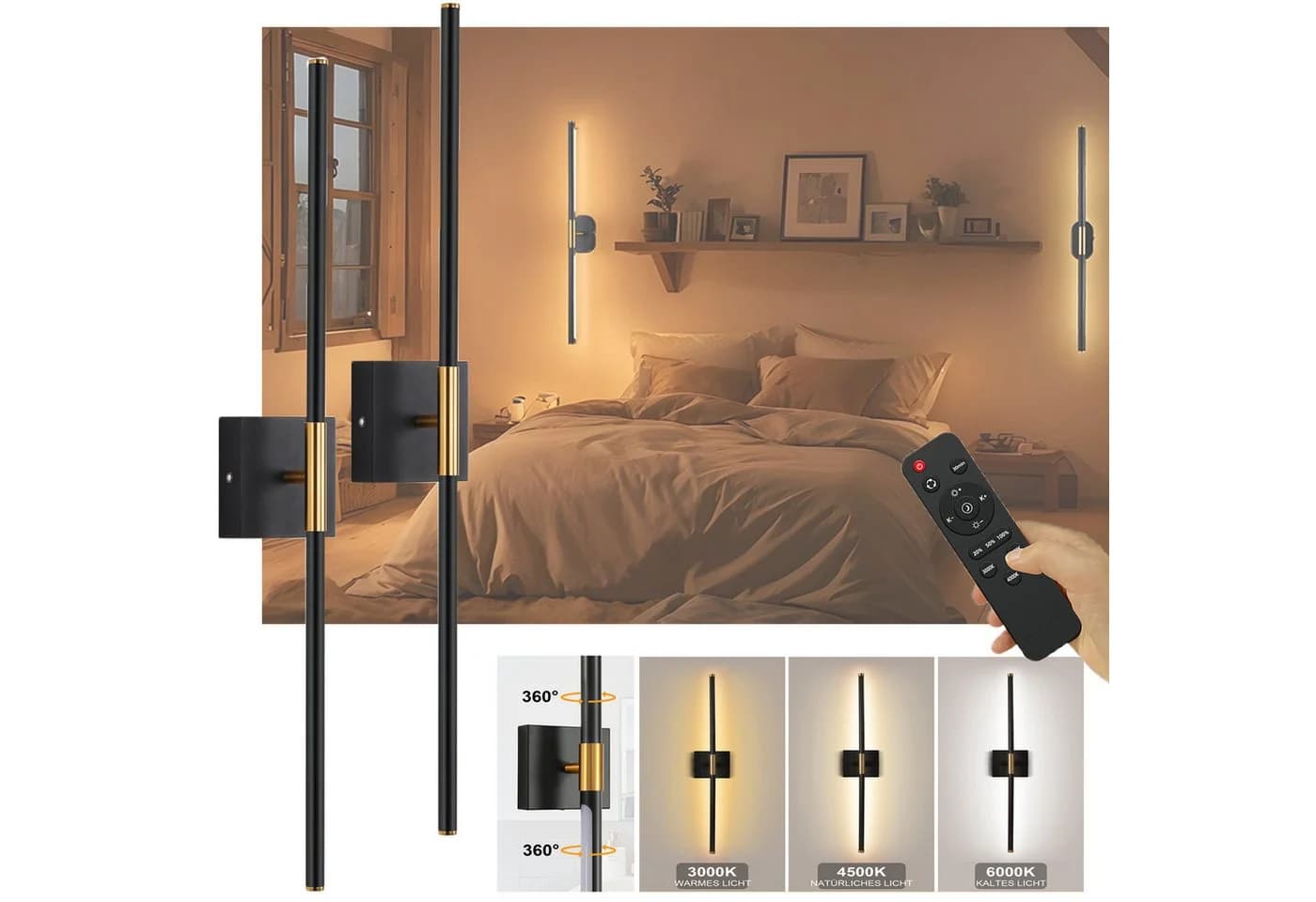 MUPOO Wandleuchte LED Batteriebetrieben Dimmbar Gold/Schwarz - Bild 2