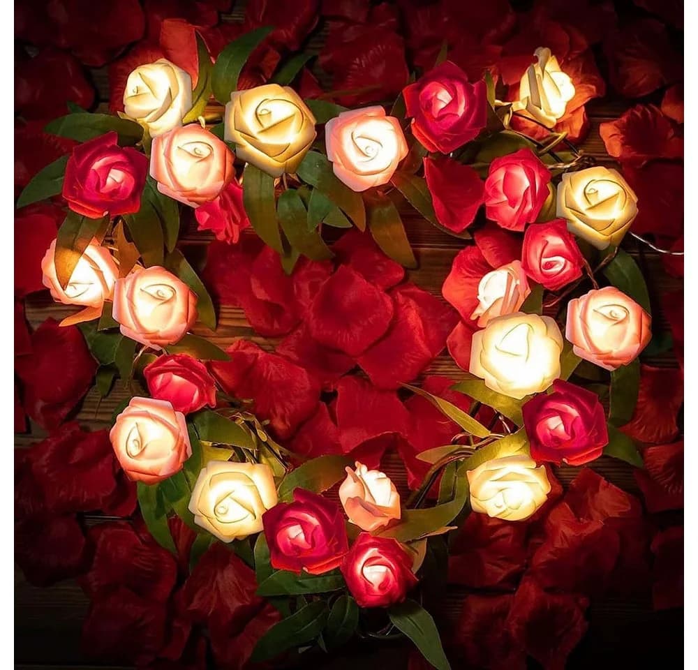 MUPOO LED-Lichterkette mit 20 Kunstblumen-Rosen, 3m, Warmweiß, Rosa/Rot/Weiß - Bild 4