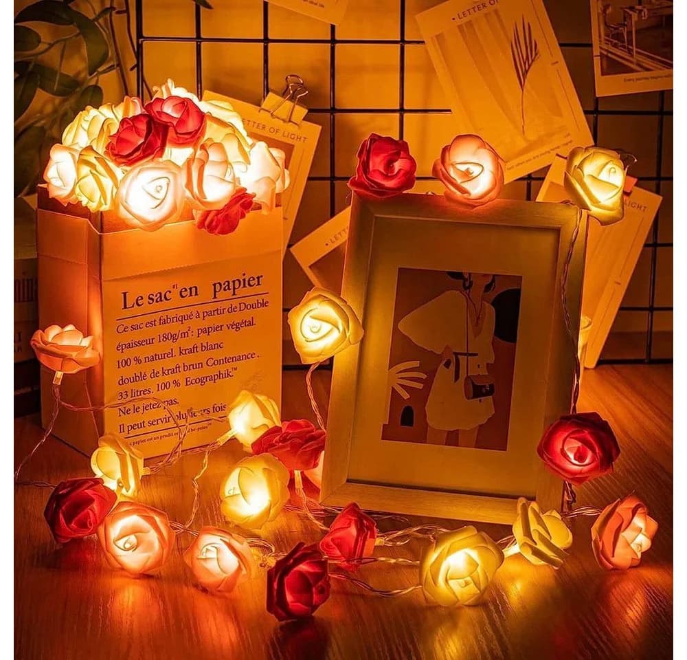 MUPOO LED-Lichterkette mit 20 Kunstblumen-Rosen, 3m, Warmweiß, Rosa/Rot/Weiß - Bild 5
