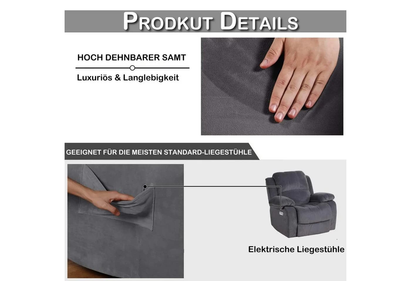 Qelus Relaxsesselhusse Samt Strecken Sesselschoner Grau - Bild 3