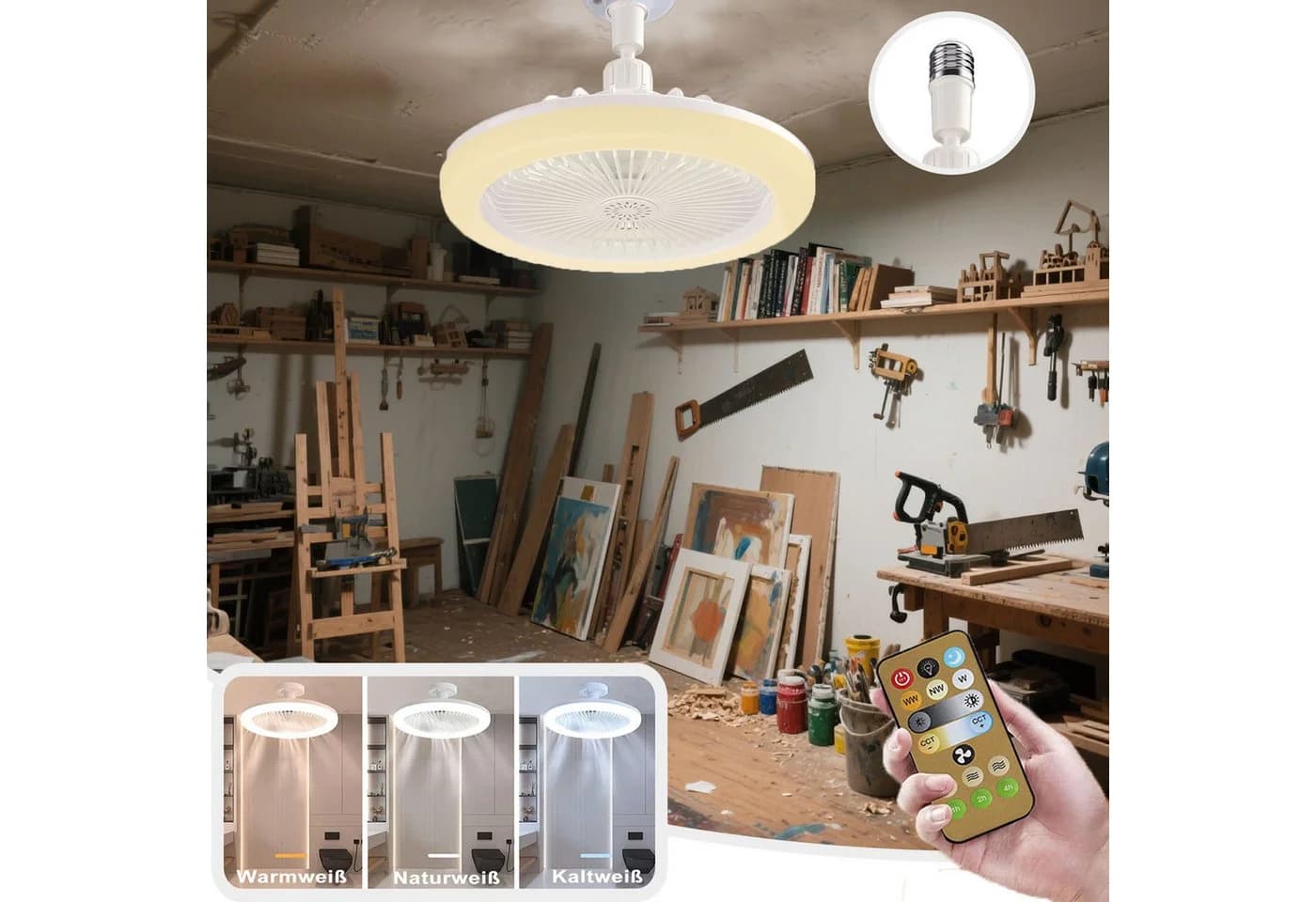 MUPOO Deckenventilator mit LED & Fernbedienung, 3 Lichtfarben, E27, Weiß