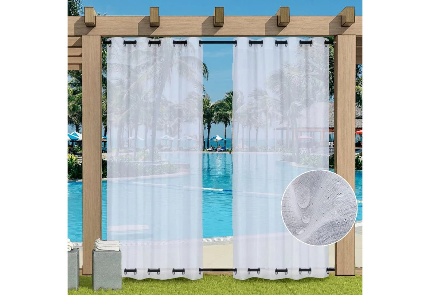 Qelus Outdoor Gardine Wetterfest Voile Transparent Weiß 2 St. für Terrasse Balkon Pavillon