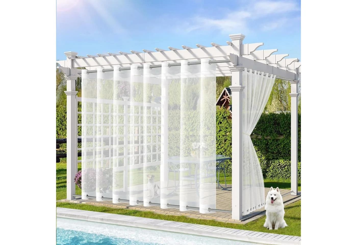 Qelus Outdoor Gardine Wetterfest Voile Transparent Weiß 2 St. für Terrasse Balkon Pavillon - Bild 2