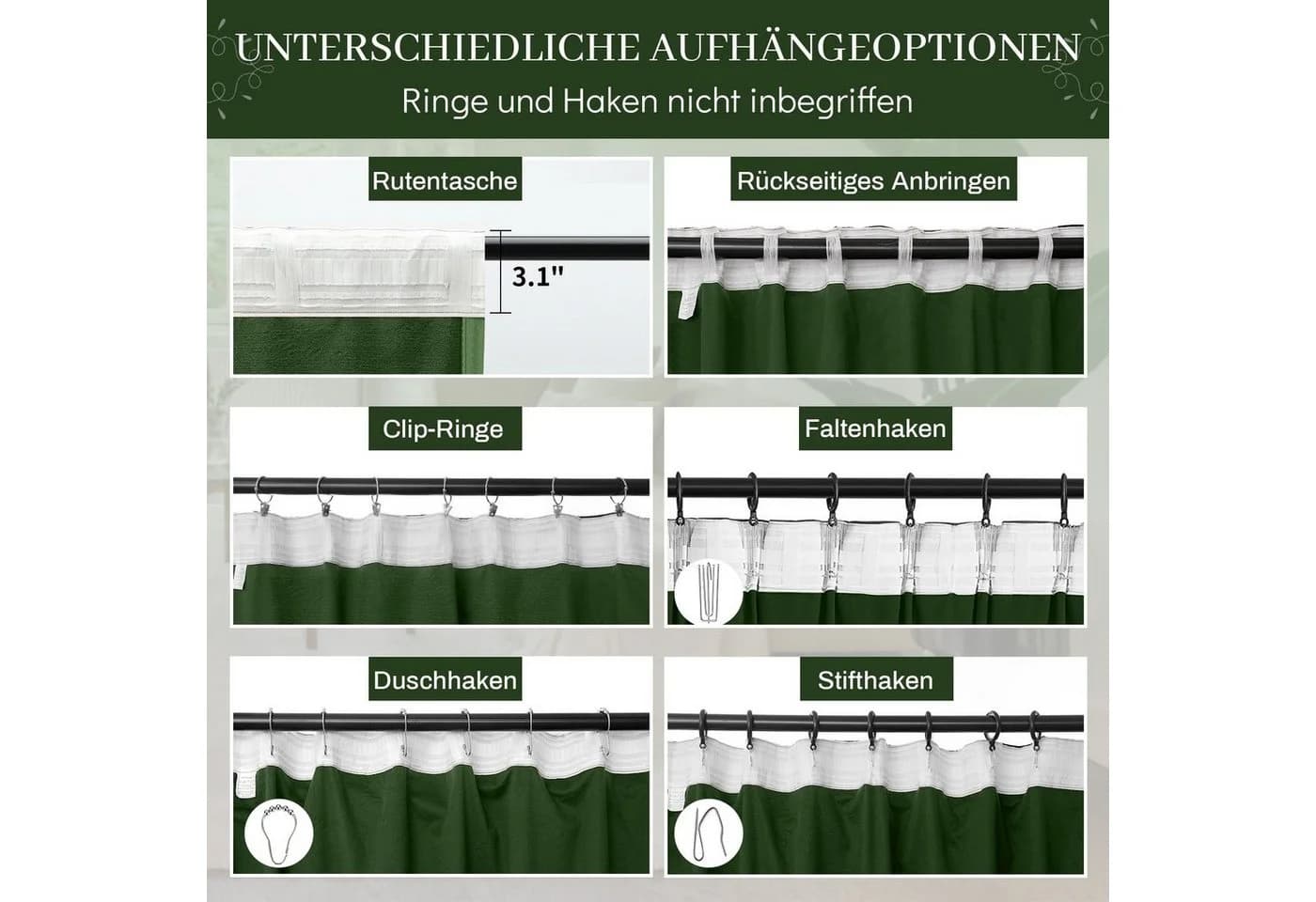 BTTO V&G Samt Verdunkelungsvorhang 2er-Set Grün Multifunktionsband - Bild 4
