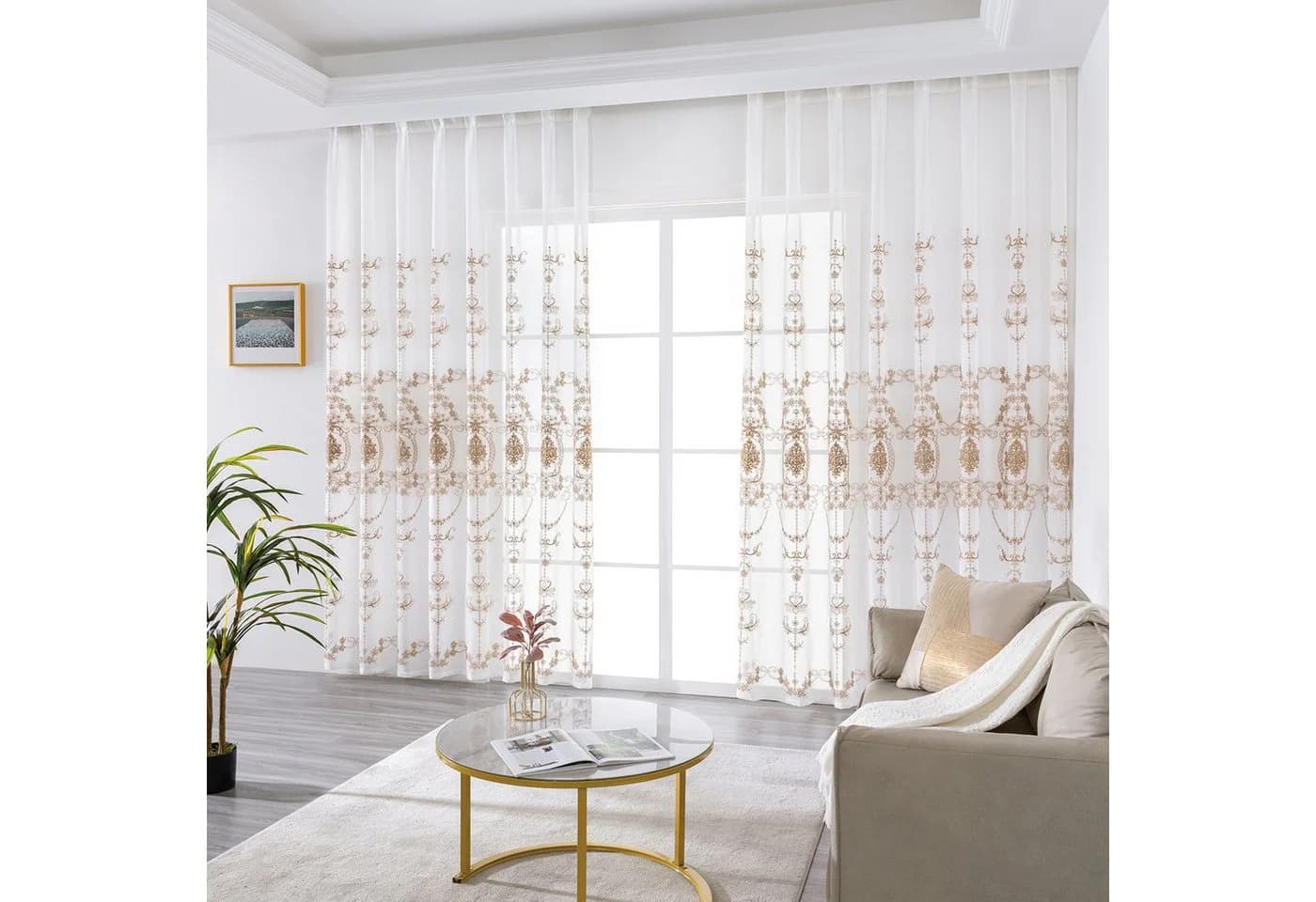 Qelus Gardine 2er Set Beige Bestickt Sheer Voile Vorhänge mit Ösen - Bild 2