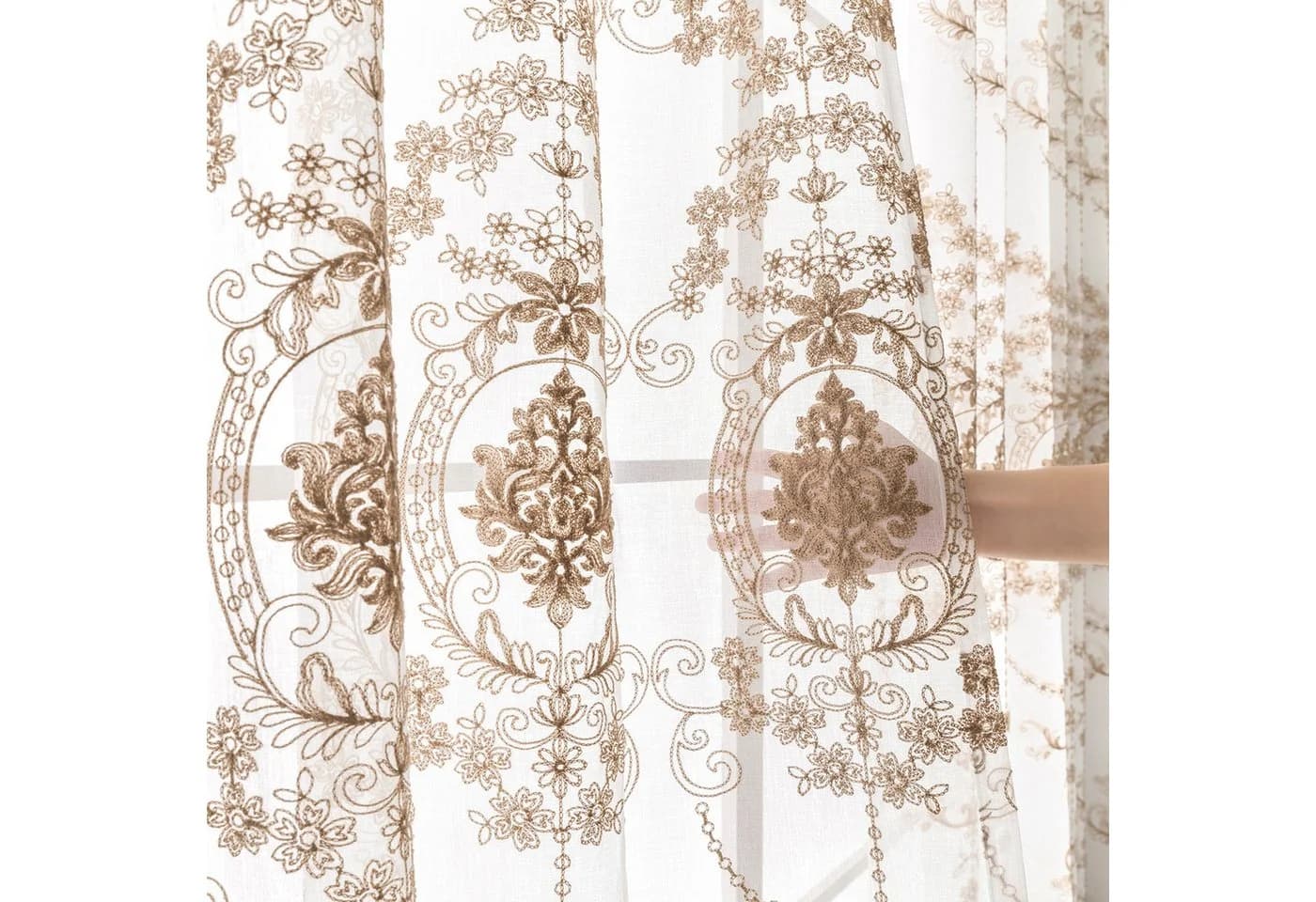 Qelus Gardine 2er Set Beige Bestickt Sheer Voile Vorhänge mit Ösen - Bild 3