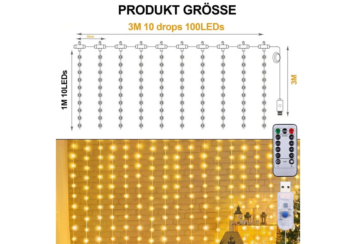 Qualra LED-Lichtervorhang mit 8 Modi und Timer USB Fernbedienung - Bild 5