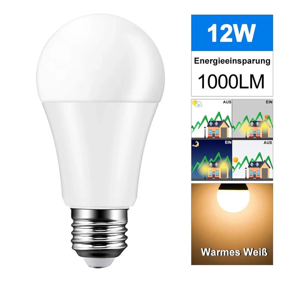 Jibenhome LED-Leuchtmittel E27 Glühbirne mit Bewegungsmelder Dämmerungssensor, 12W, Warmweiß/Weiß - Bild 3