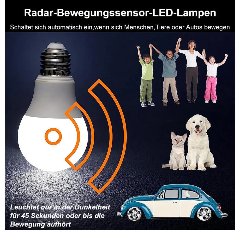 Jibenhome LED-Leuchtmittel E27 Glühbirne mit Bewegungsmelder Dämmerungssensor, 12W, Warmweiß/Weiß - Bild 5
