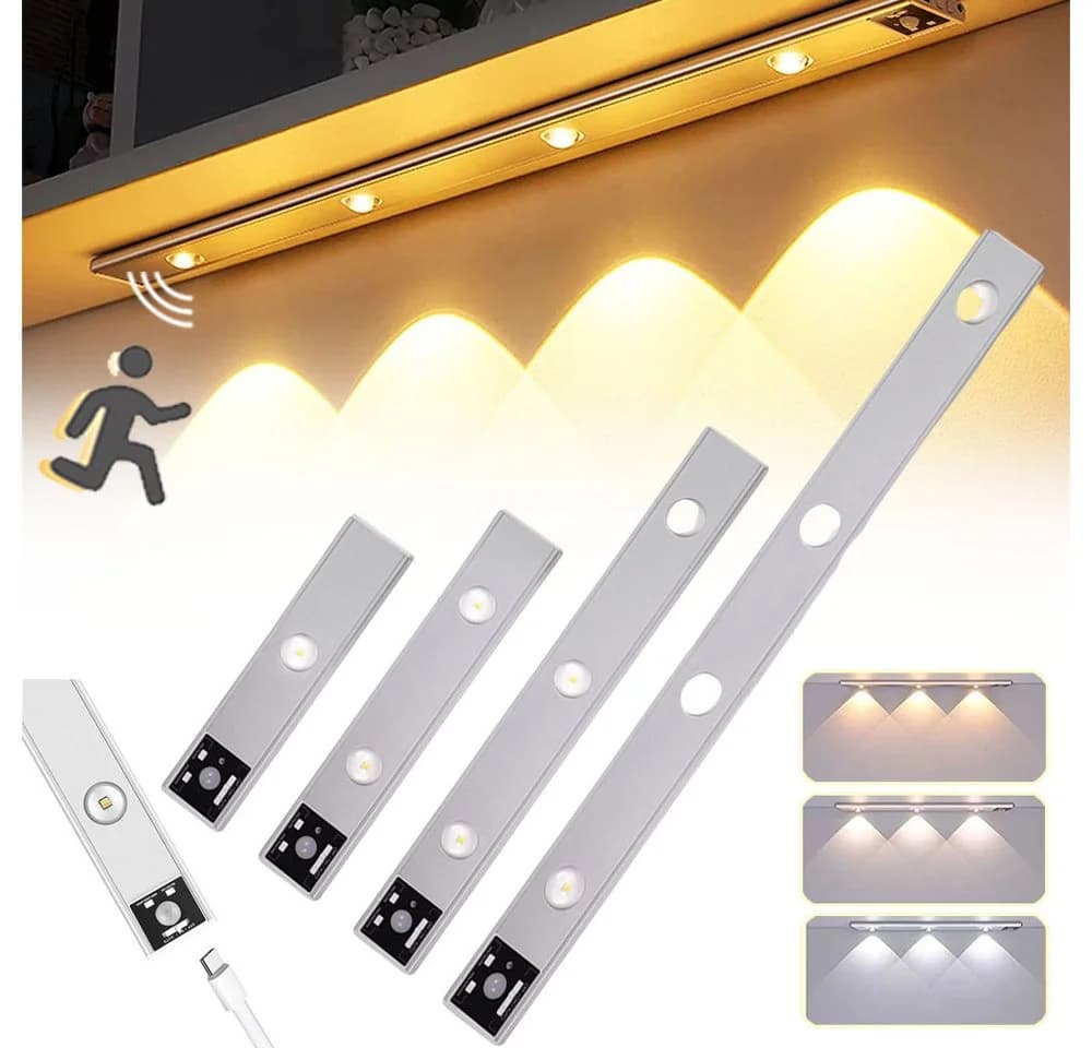 Jibenhome LED Unterbauleuchte Schrankbeleuchtung mit Bewegungsmelder, USB Aufladbar, 3 Farben - Bild 2