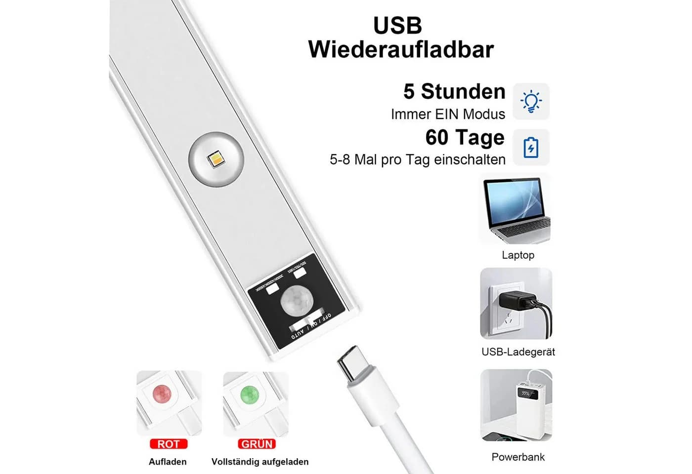 Jibenhome LED Unterbauleuchte Schrankbeleuchtung mit Bewegungsmelder, USB Aufladbar, 3 Farben - Bild 4