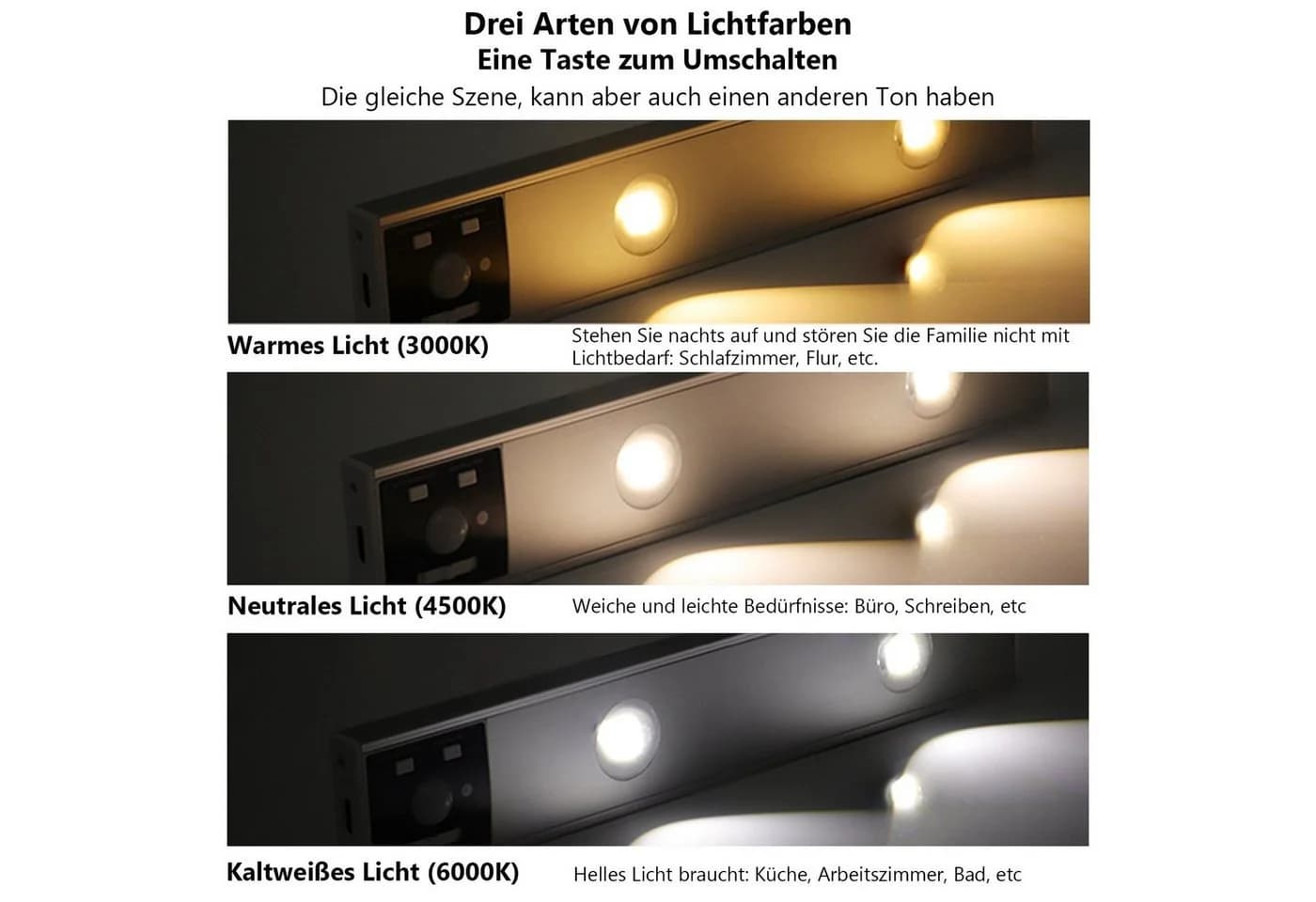Jibenhome LED Unterbauleuchte Schrankbeleuchtung mit Bewegungsmelder, USB Aufladbar, 3 Farben - Bild 5