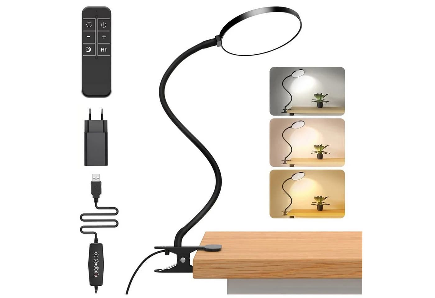 Rosnek LED Klemmleuchte Dimmbar 3 Lichtfarben Schwarz USB - Bild 2