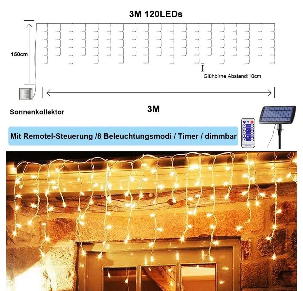 Rosnek LED-Lichtervorhang Solar Wasserdicht 8 Modi Timer für Gärten Terrasse Weihnachtsdeko mit Fernbedienung
