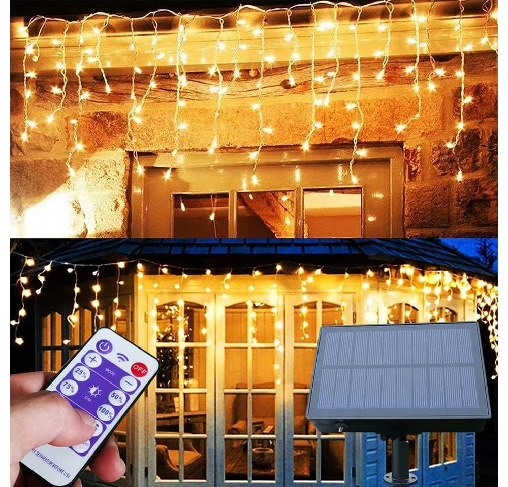 Rosnek LED-Lichtervorhang Solar Wasserdicht 8 Modi Timer für Gärten Terrasse Weihnachtsdeko mit Fernbedienung - Bild 2
