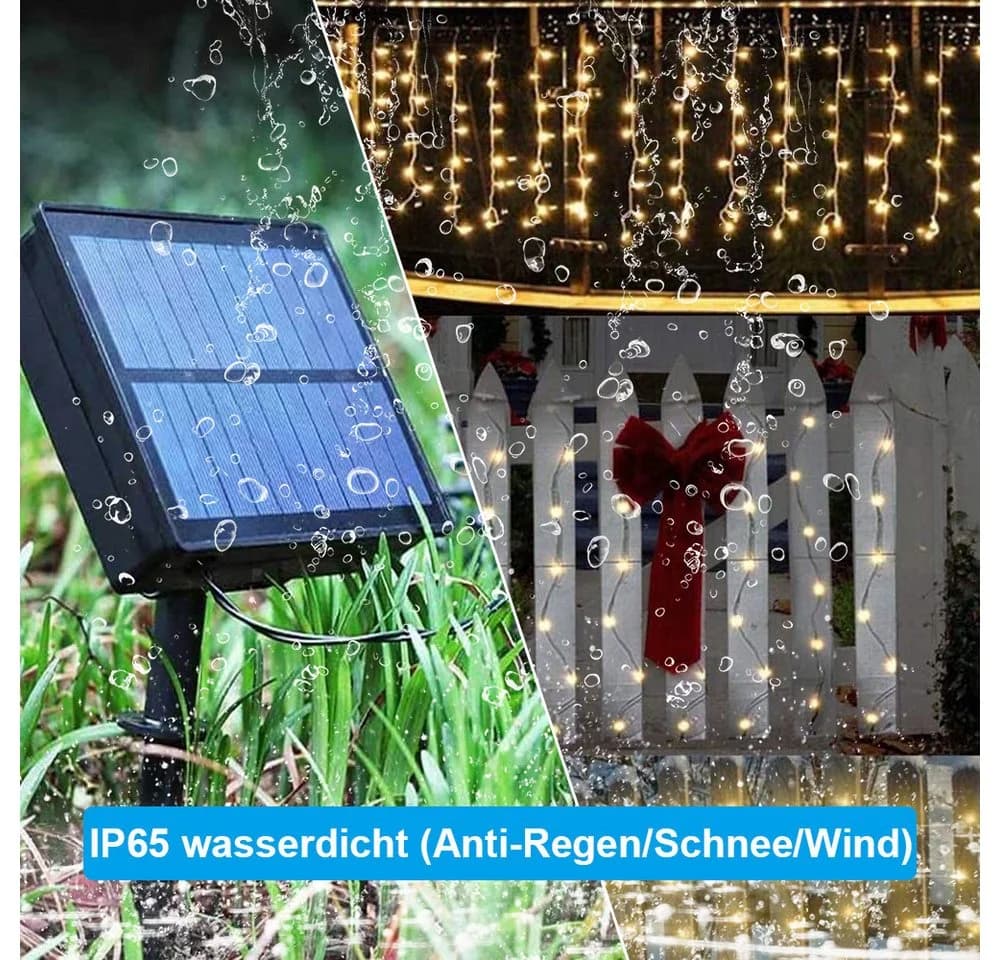 Rosnek LED-Lichtervorhang Solar Wasserdicht 8 Modi Timer für Gärten Terrasse Weihnachtsdeko mit Fernbedienung - Bild 3