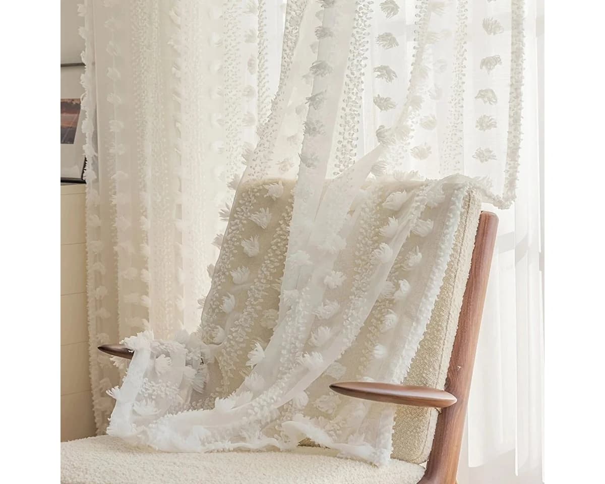 Qelus Gardine Fenster Vorhang Transparent Pompom Vorhänge Wohnzimmer Modern