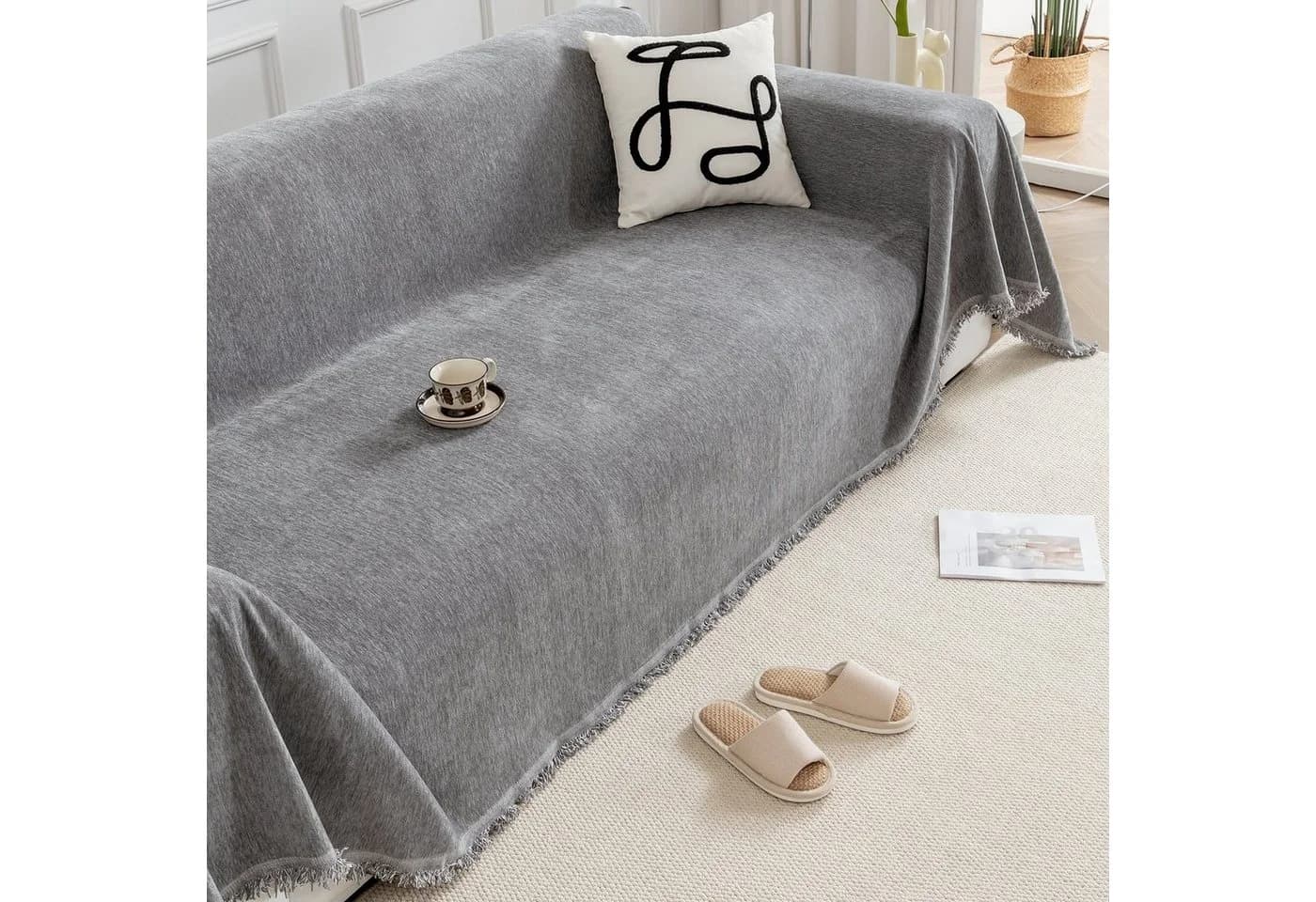 Qelus Chenille Sofaüberwurf Grau Polyestermischung - Bild 5