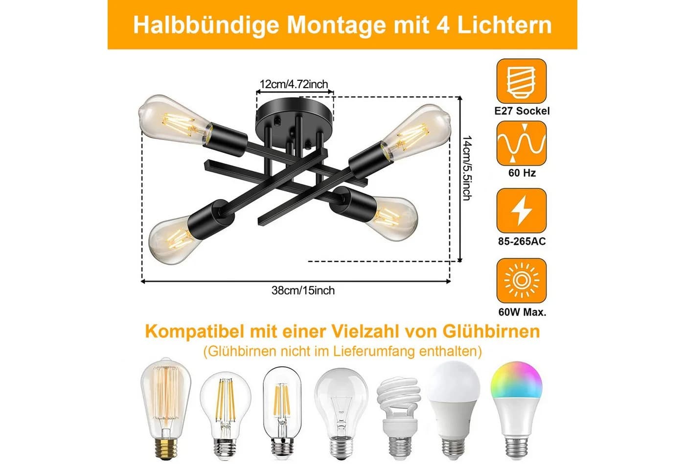 Lapamax LED Deckenleuchte Sputnik Schwarz E27 Kronleuchter