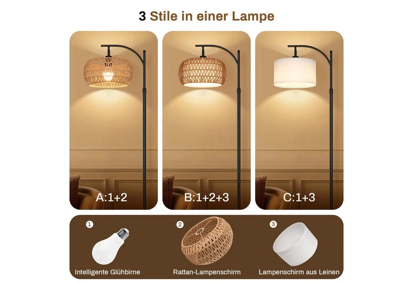 Lapamax LED Stehlampe Dimmbar Schwarz Rattan Leinen