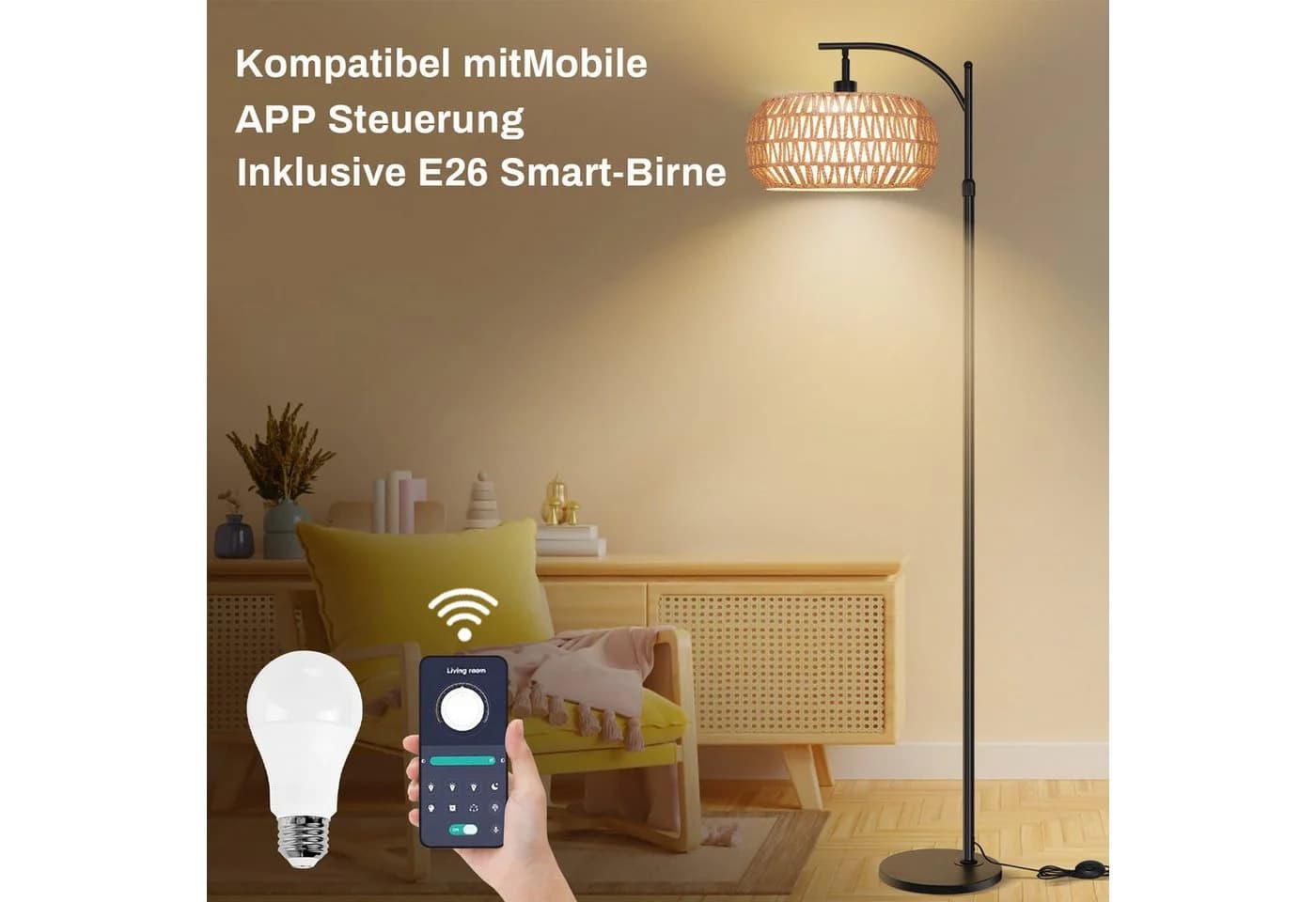 Lapamax LED Stehlampe Dimmbar Schwarz Rattan Leinen - Bild 5