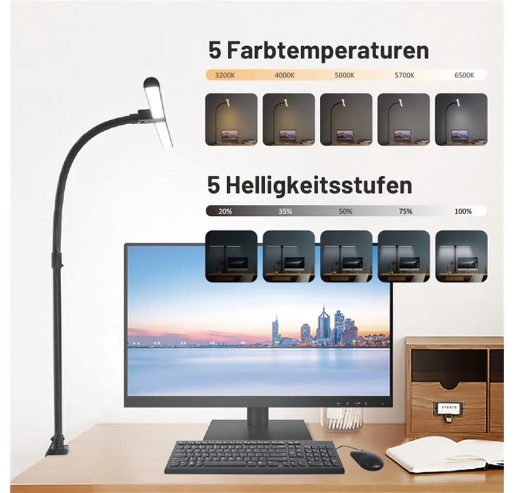 Lapamax LED Schreibtischlampe Dimmbar Doppelkopf Klemmbar Schwarz