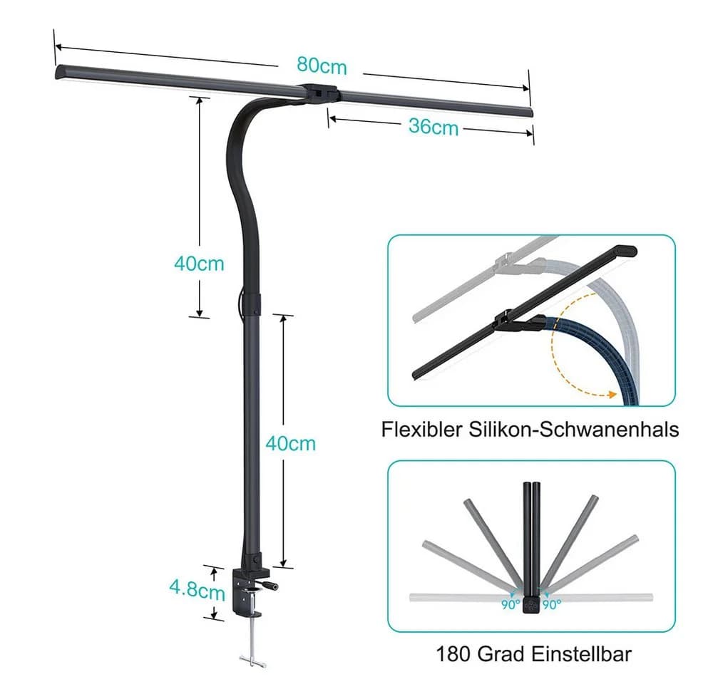 Lapamax LED Schreibtischlampe Dimmbar Doppelkopf Klemmbar Schwarz - Bild 3