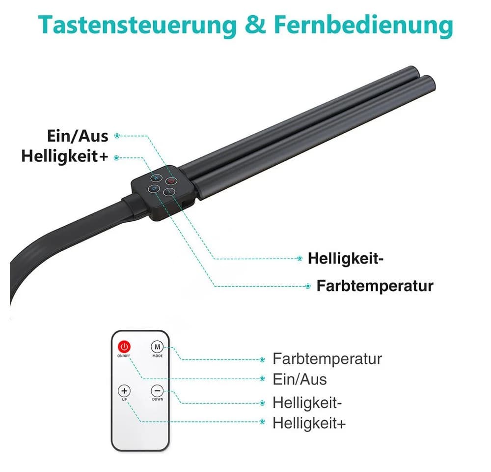 Lapamax LED Schreibtischlampe Dimmbar Doppelkopf Klemmbar Schwarz - Bild 4
