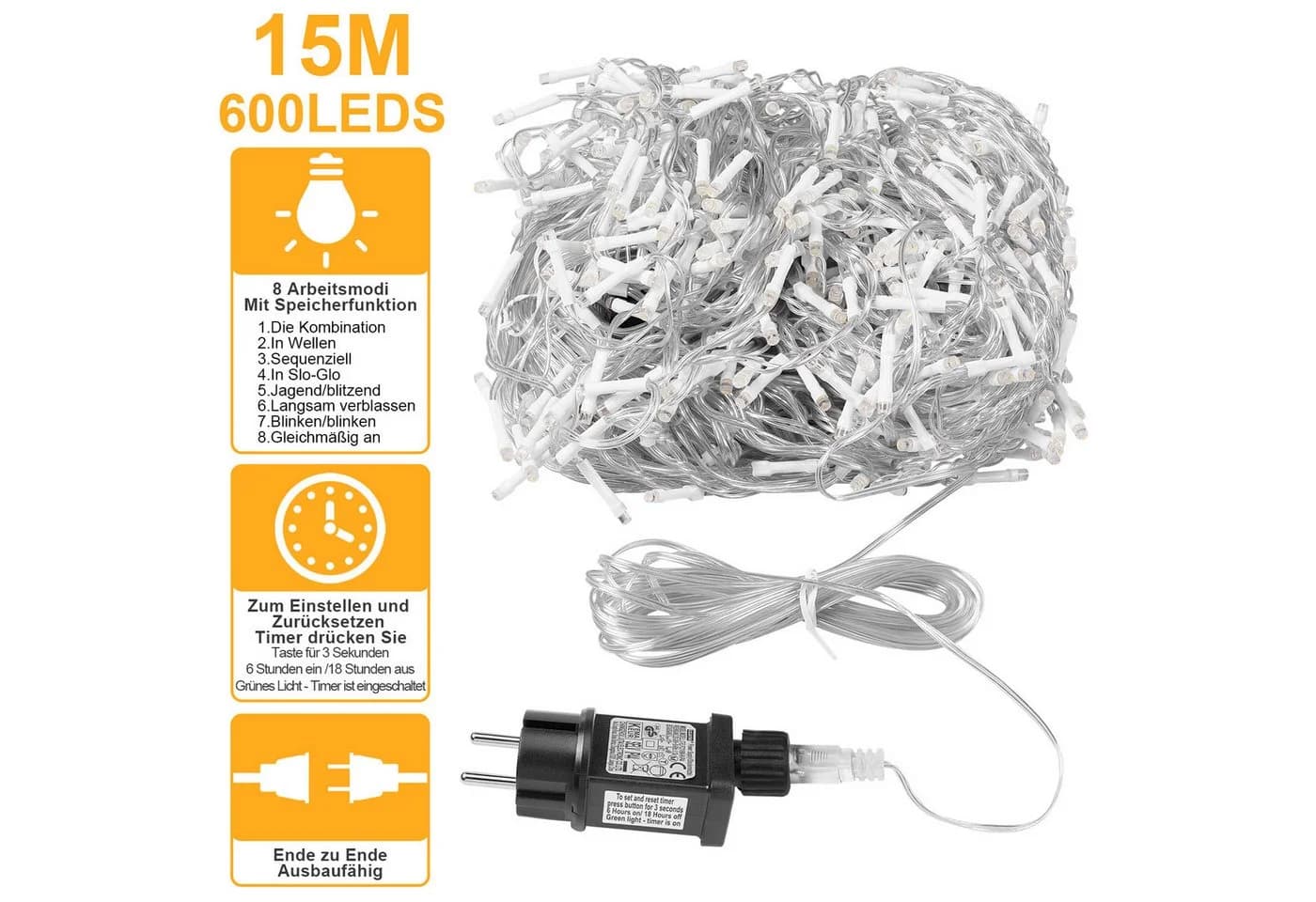 LMaxhome LED-Lichterkette Eisregen 600 LEDs Warmweiß