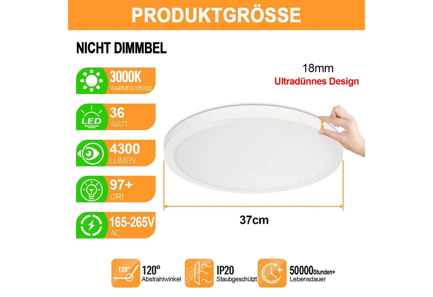 LMaxhome LED Deckenleuchte 37cm Rund Ultra Dünn 36W Warmweiß 4300lm - Bild 4