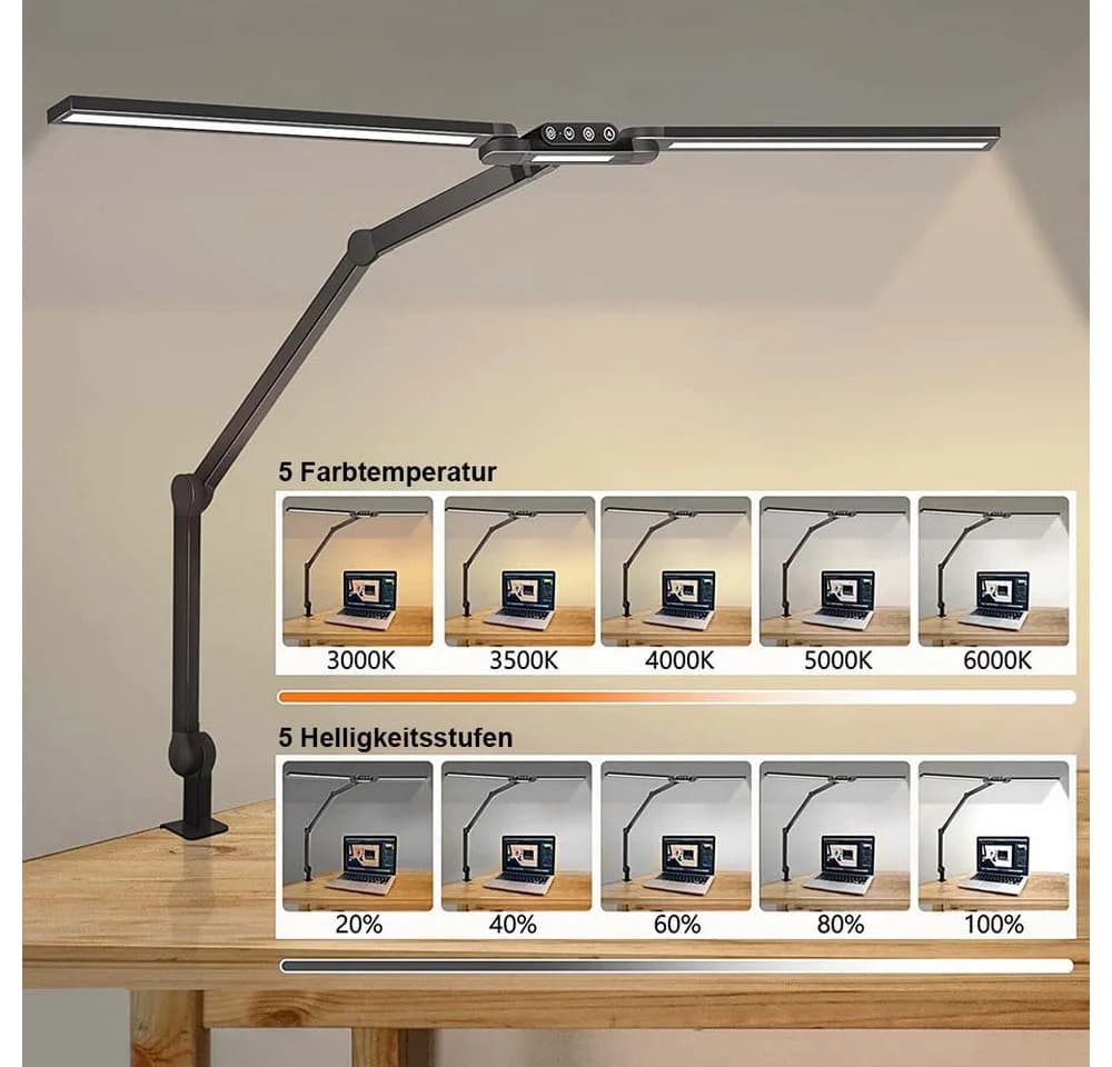 LMaxhome LED Schreibtischlampe Doppelkopf Klemmbar Dimmbar Touch