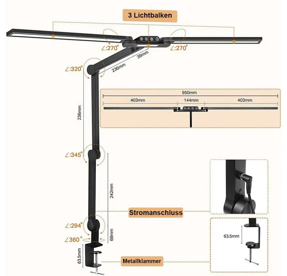 LMaxhome LED Schreibtischlampe Doppelkopf Klemmbar Dimmbar Touch - Bild 3