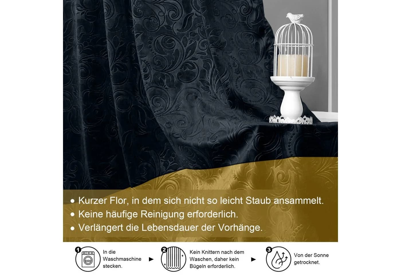 LMaxhome Samt Gardine Verdunkelnd Schwarz-Gold Floral
