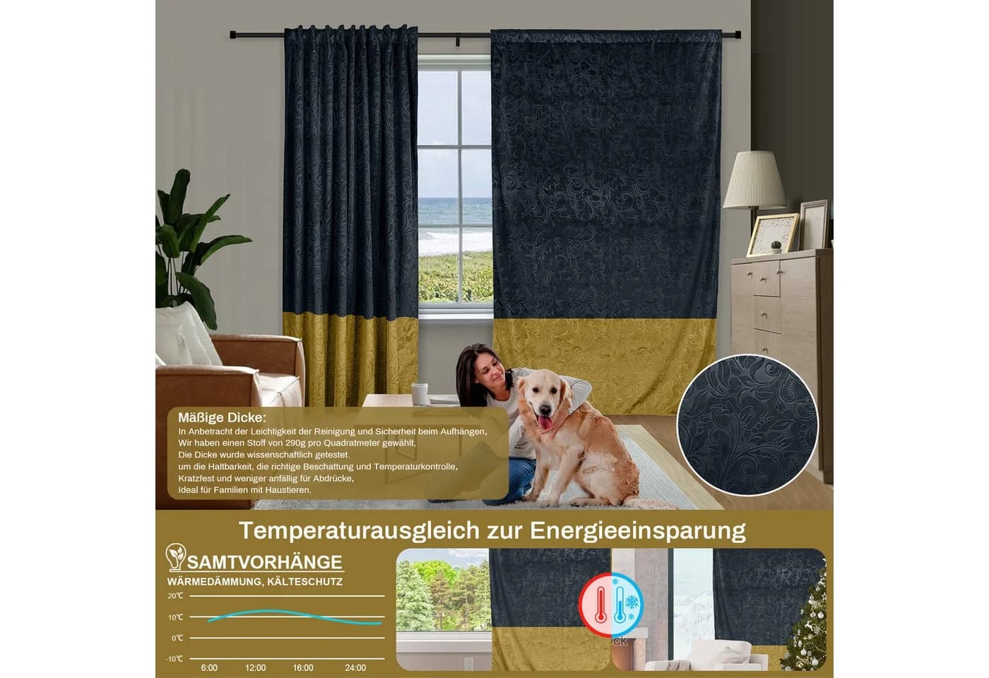LMaxhome Samt Gardine Verdunkelnd Schwarz-Gold Floral - Bild 3