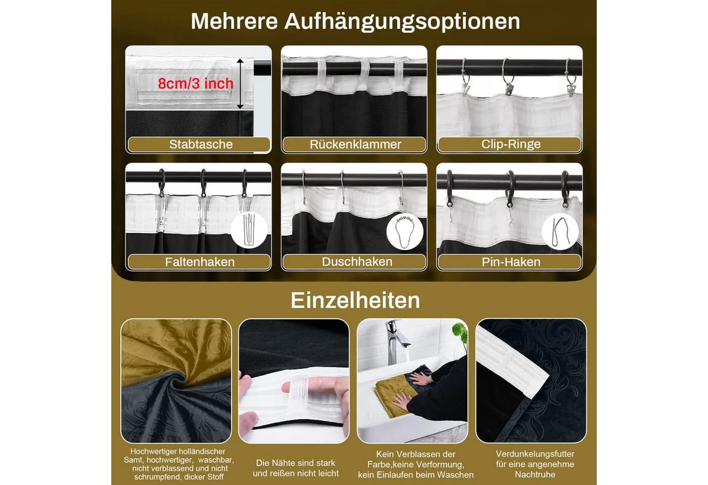 LMaxhome Samt Gardine Verdunkelnd Schwarz-Gold Floral - Bild 4