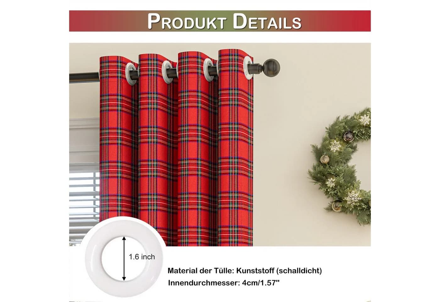 LMaxhome Verdunkelungsvorhang Tartan Karo Rot Blickdicht Ösen - Bild 4
