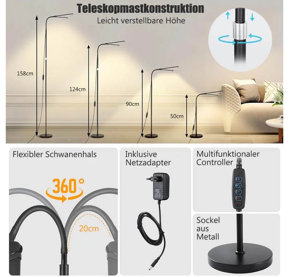 LMaxhome LED Stehlampe Dimmbar Schwarz 360° Schwanenhals - Bild 3