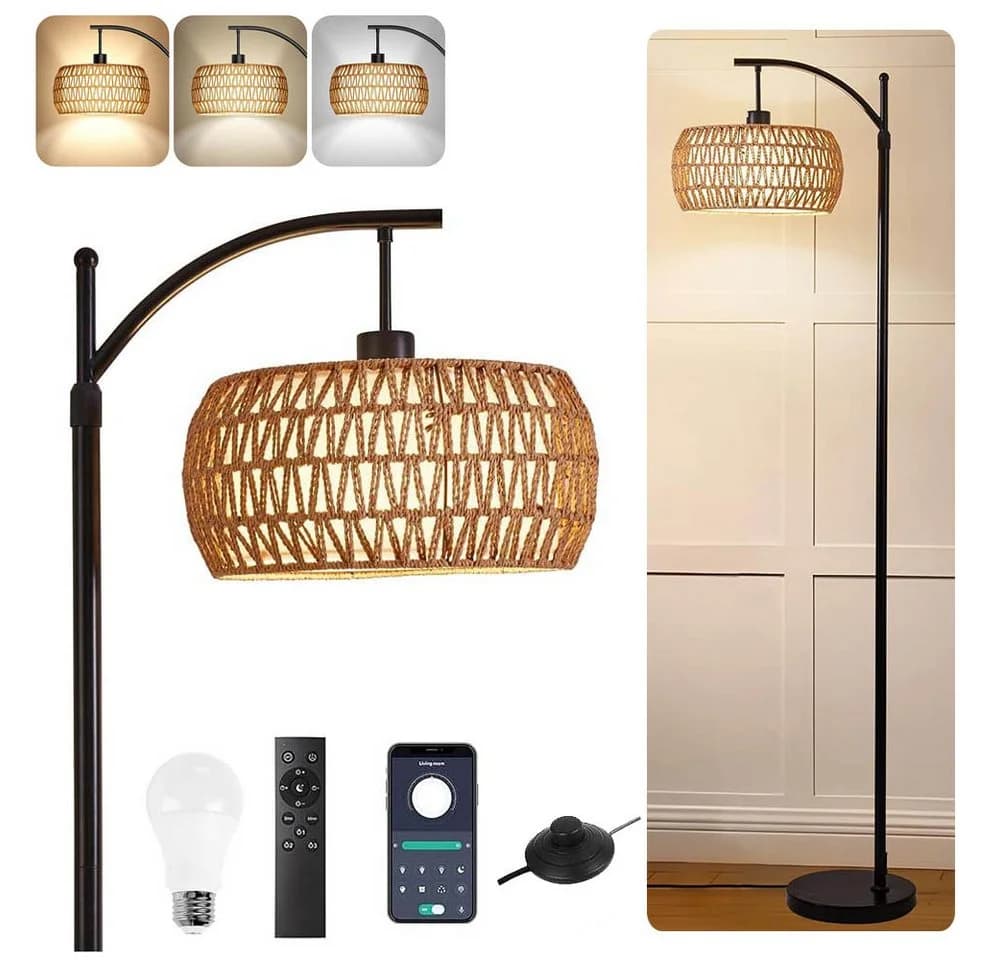 LMaxhome Stehlampe LED Bogenlampe Rattan Dimmbar Schwarz - Bild 2