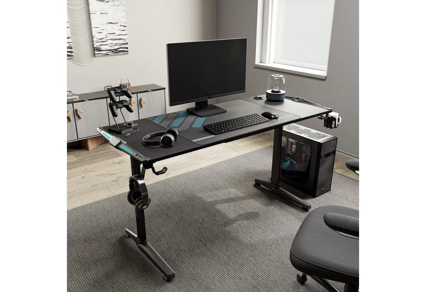 EE EUREKA ERGONOMIC Gamingtisch Schwarz mit LED, Kabelmanagement & Mauspad - Bild 2