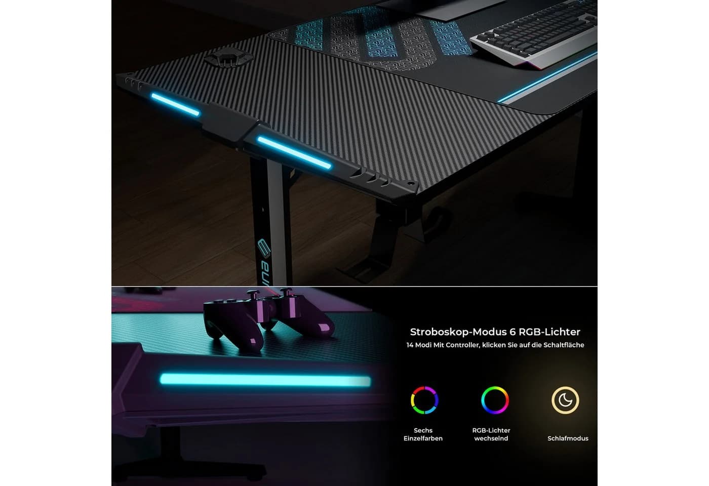 EE EUREKA ERGONOMIC Gamingtisch Schwarz mit LED, Kabelmanagement & Mauspad - Bild 3