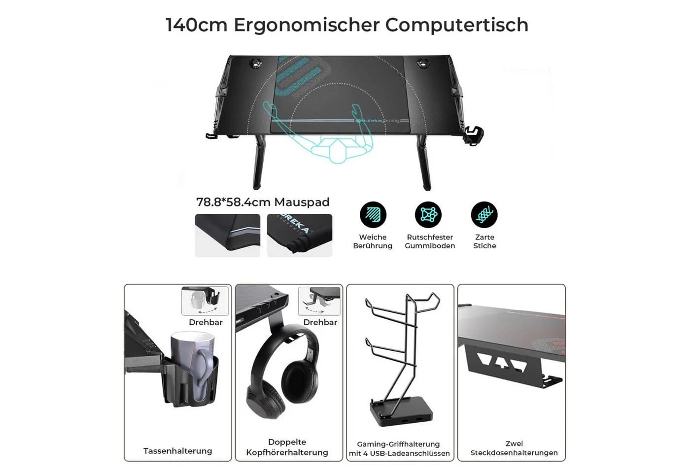 EE EUREKA ERGONOMIC Gamingtisch Schwarz mit LED, Kabelmanagement & Mauspad - Bild 4
