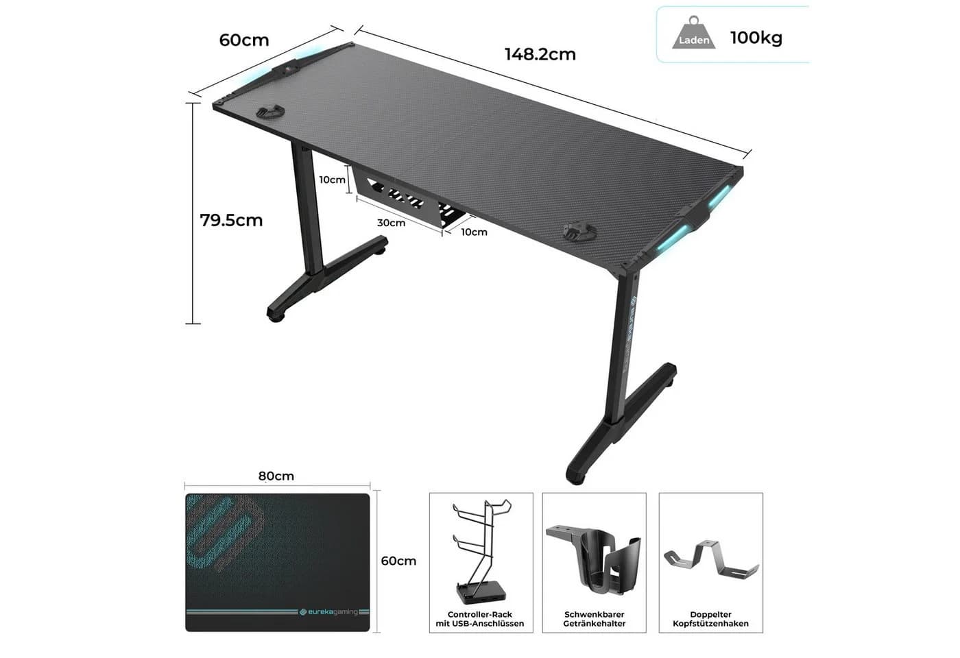 EE EUREKA ERGONOMIC Gamingtisch Schwarz mit LED, Kabelmanagement & Mauspad - Bild 5