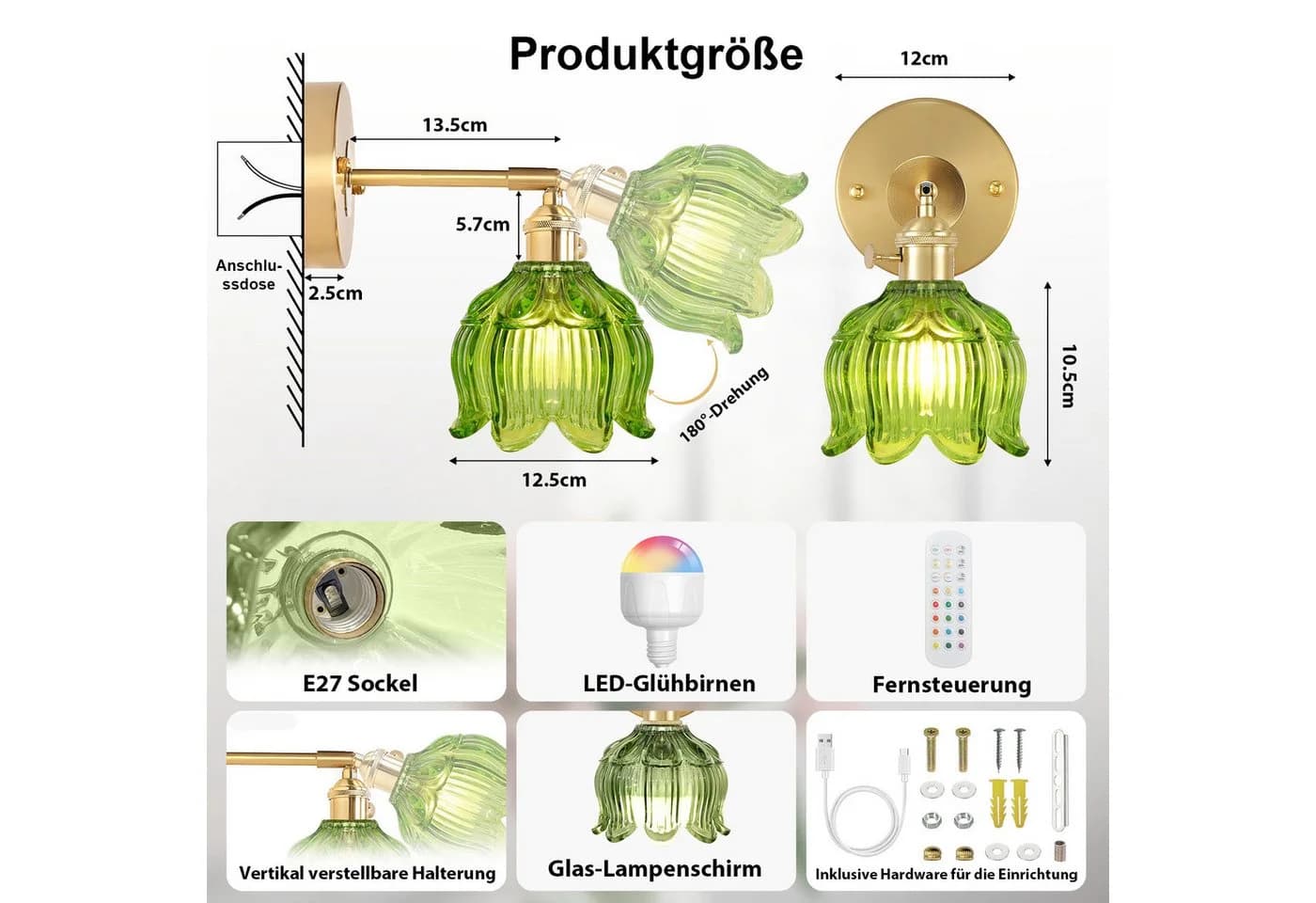 Rosnek Dimmbare Retro-Wandleuchte Grün LED Fernbedienung - Bild 5