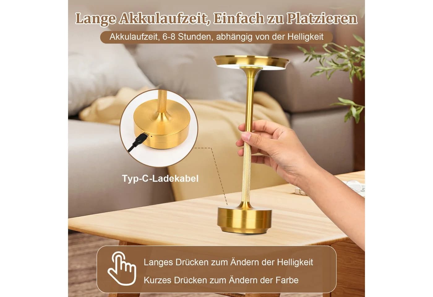 Rosnek LED Tischleuchte Kabellos Dimmbar Gold Touch-Schalter