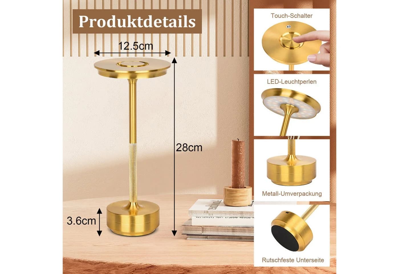 Rosnek LED Tischleuchte Kabellos Dimmbar Gold Touch-Schalter - Bild 4