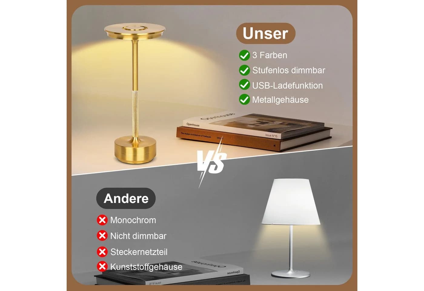 Rosnek LED Tischleuchte Kabellos Dimmbar Gold Touch-Schalter - Bild 5