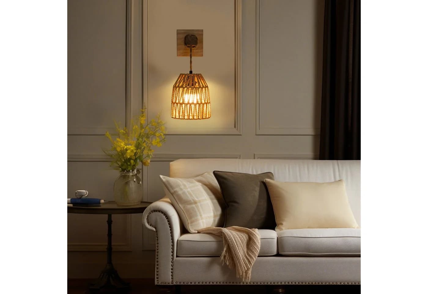 LMaxhome LED Wandleuchte Vintage Braun Rattan mit Fernbedienung