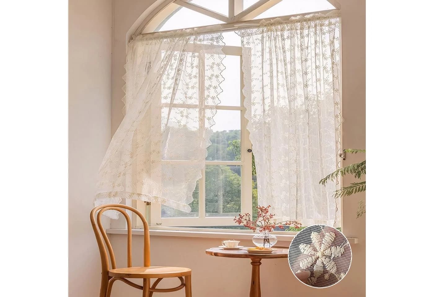 Qelus Voile Gardinen 2er Set Blumen Stickerei Landhausstil - Bild 2